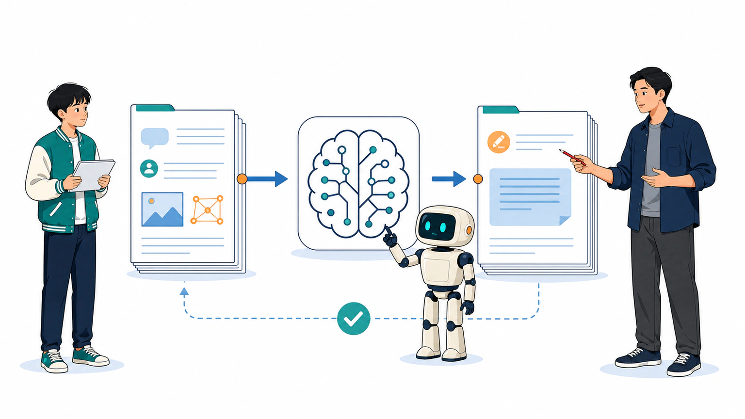 AI 助手在开放白场中把上下文包送入简洁的语言模型引擎，再接住输出草稿；学生能看见输入、处理、输出三个方向