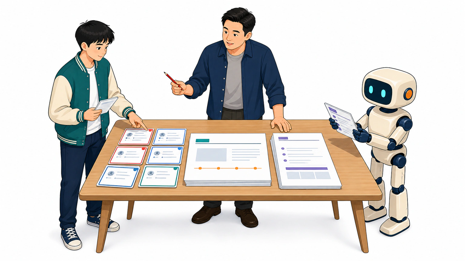学生与 AI 助手在开放工作台上只使用当前摆出的受众卡、任务卡、上一版草稿与反馈，其余材料留在工作台之外