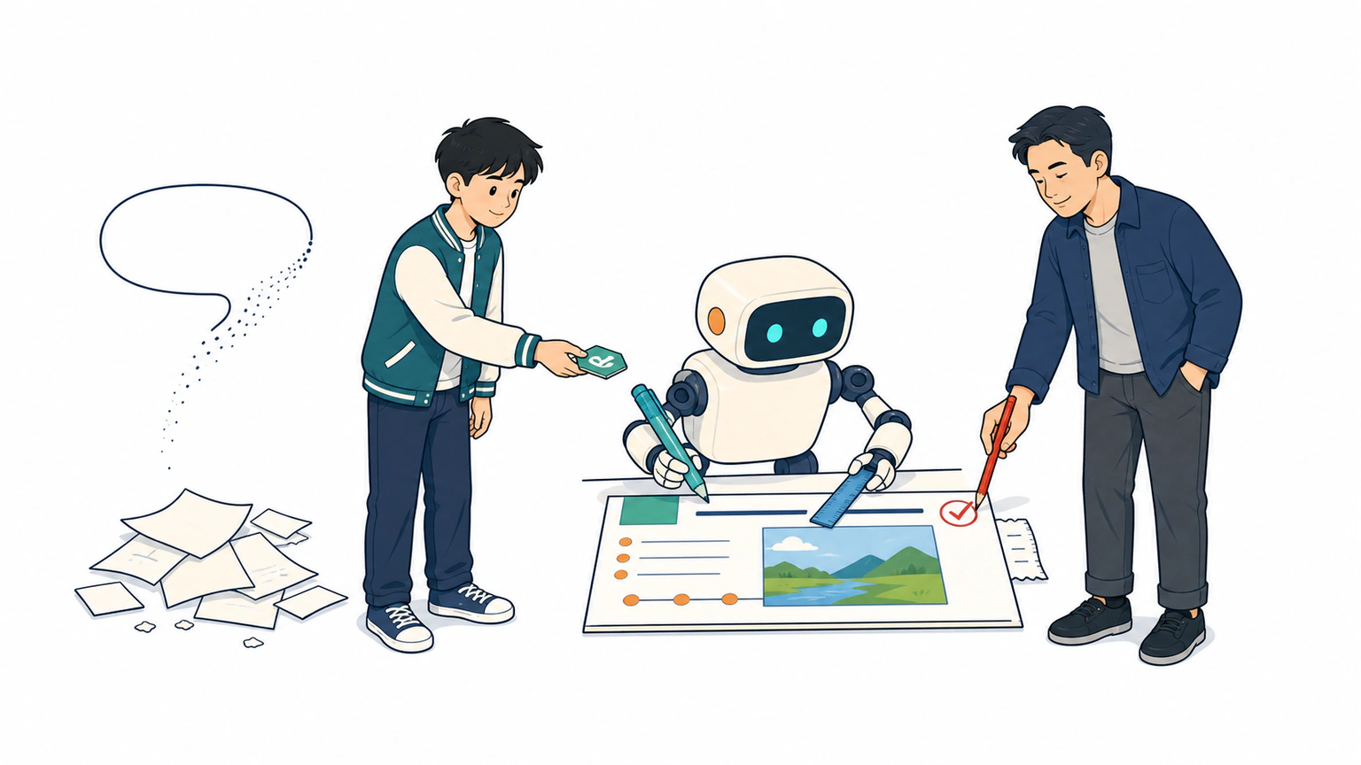 聊天回答停在左侧草稿，学生、AI 助手和主编在右侧把标题、图片与检查记录装成一页可使用的 Slide