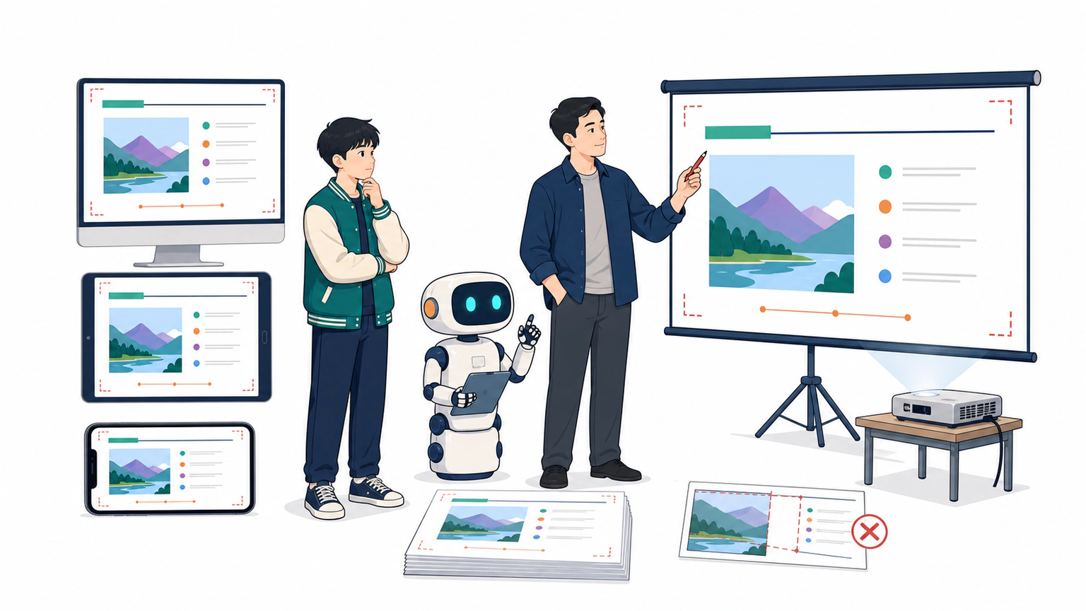 网页在不同屏幕比例上保持标题安全区、完整图片与页码空间，主编用投影距离检查主体是否清楚