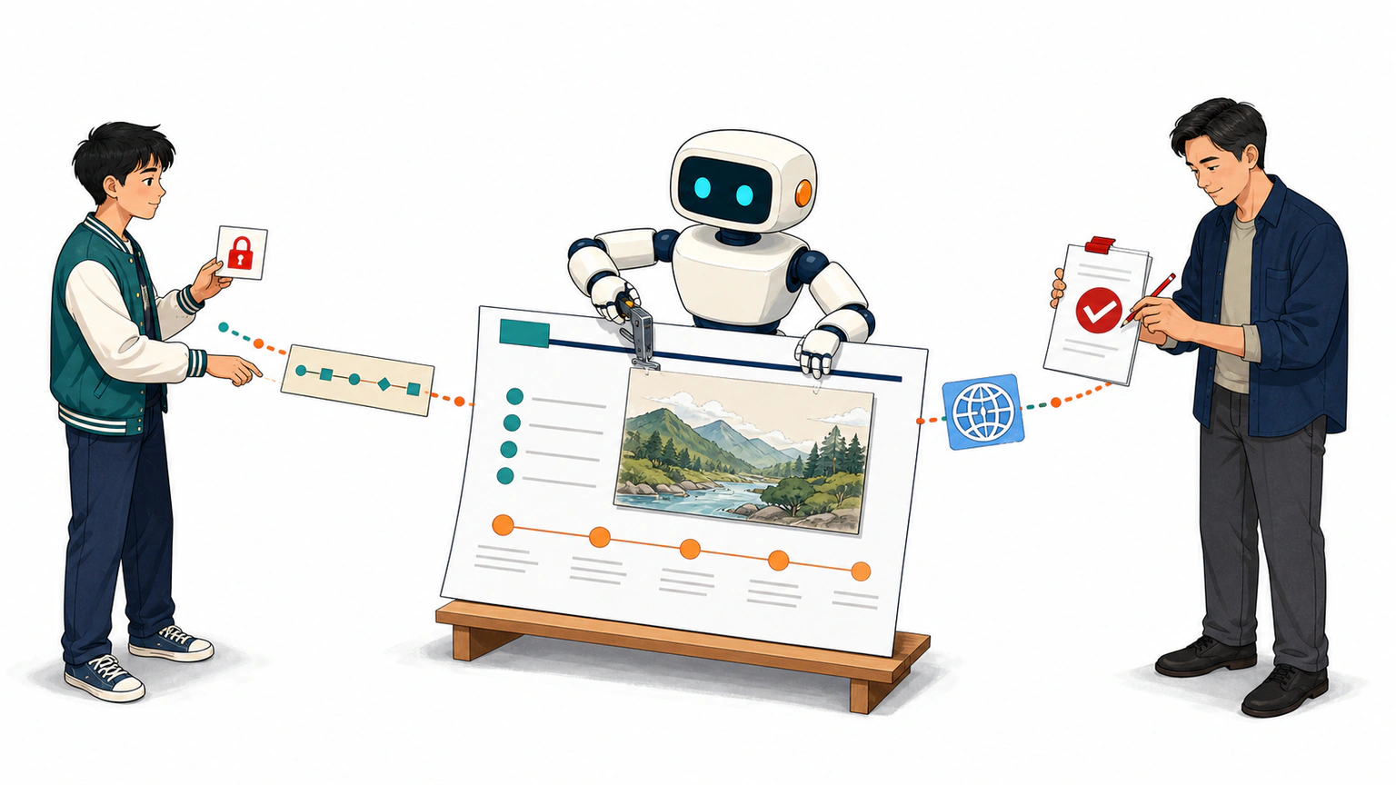 分散的 API、画图、测试和反馈都连接到同一页 Slide 的成长路径，学生走神后仍能沿这页接回主线
