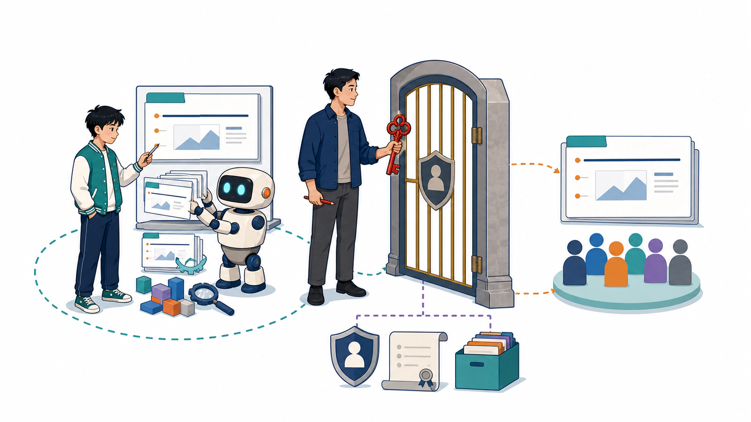 AI 助手可以在门内生成、构建和测试，但发布门只能由人类主编开启；门外是公开网页与正式发布的清楚边界