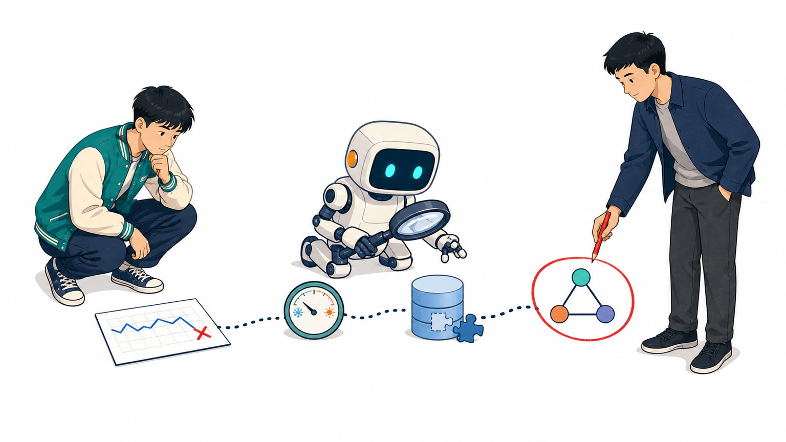 失败结果进入结构清楚的日志，AI 助手把它连接到下一步环境、数据或假设检查，人类决定优先排查项