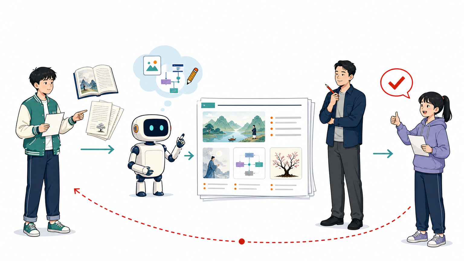 课文材料被学生与 AI 助手转成少量清楚图像和一页讲义，同学在另一端给出理解反馈