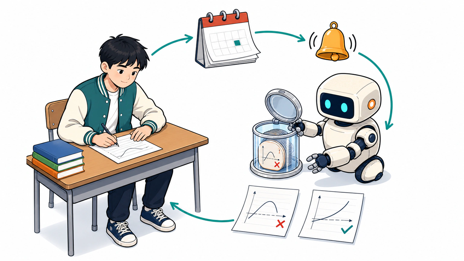 错题记录进入带记忆的复习助手，学生在合适时间收到提示并再次作答，系统保留前后结果