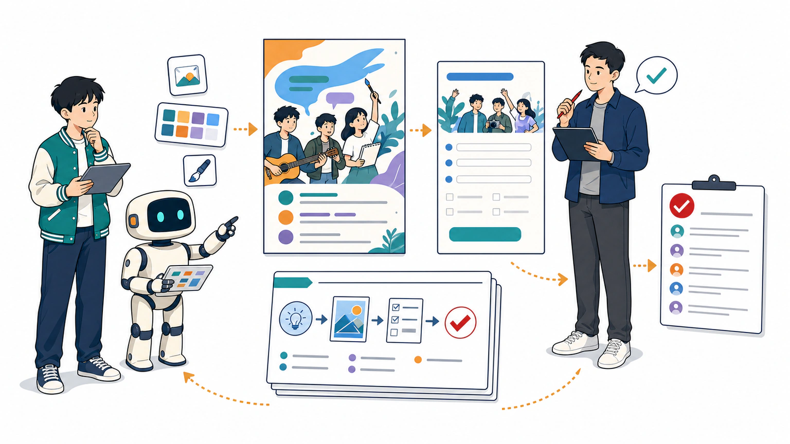 学生与 AI 助手共同制作一致的海报和报名页，发布前由学生检查，报名结果回到项目看板