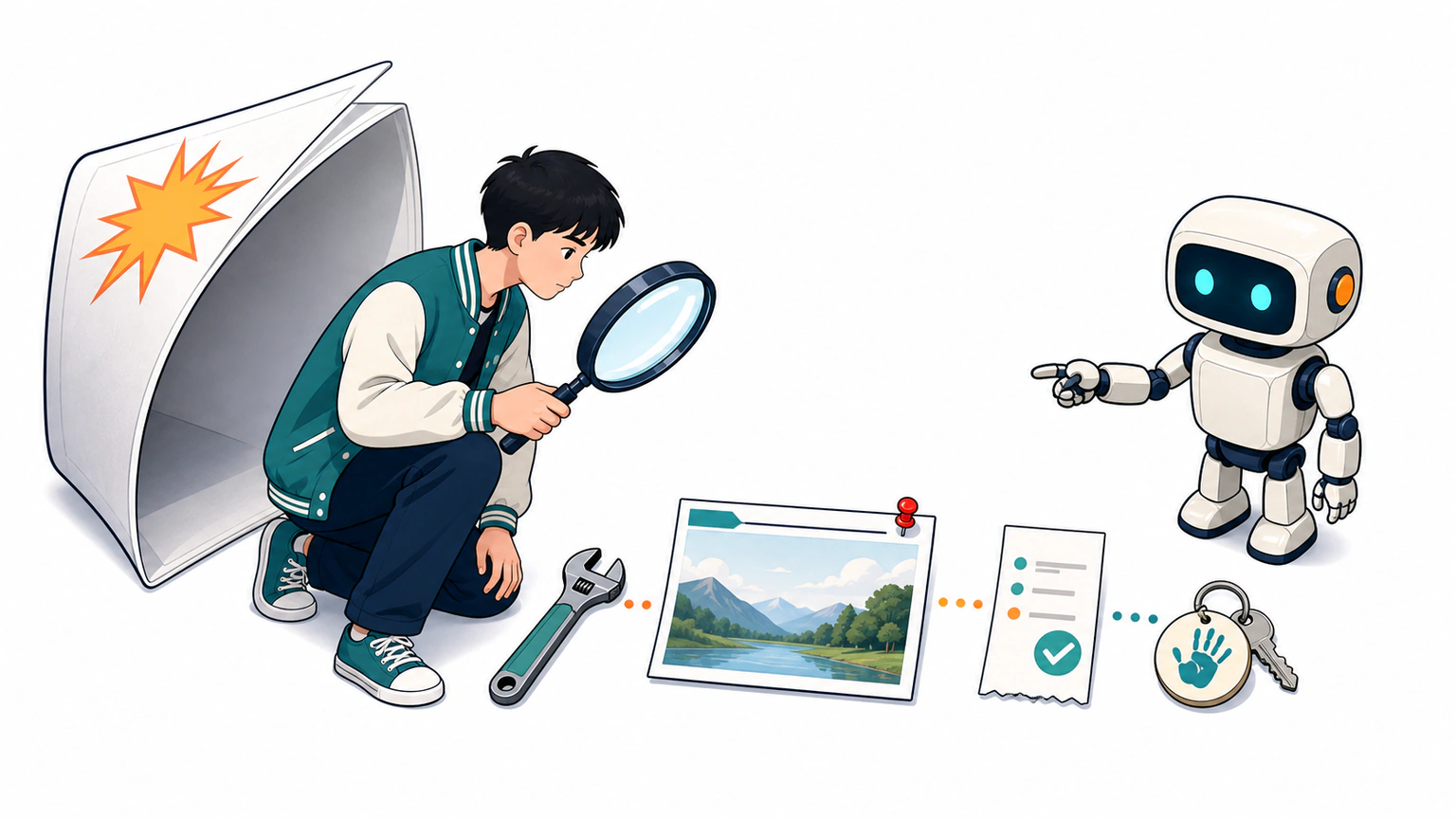 学生不看炫目模型标签，而是用放大镜检查新闻背后的作品、工具、证据和责任是否存在